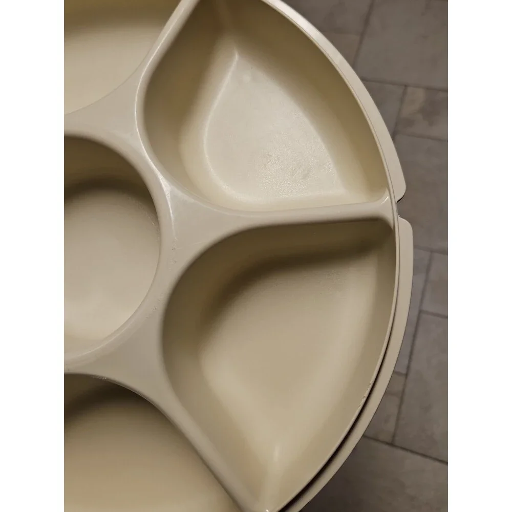 Tupperware Divided Serving Tray 1665-3 Almond With Lid & Dip Bowl 2 pc set